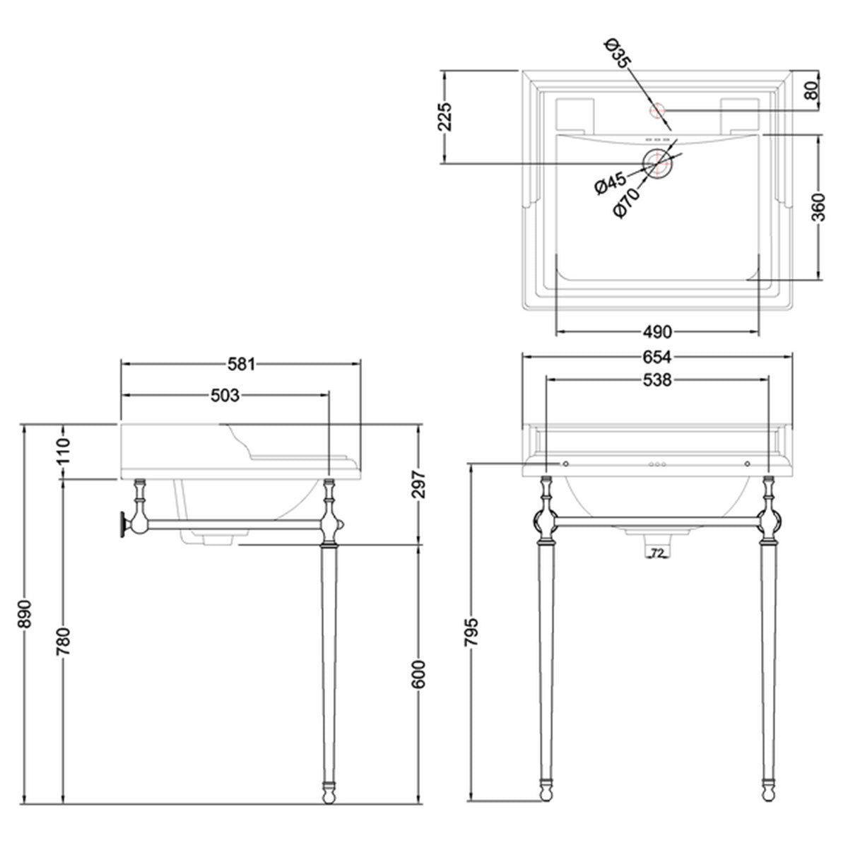 Burlington Classic 650 Rectangular Basin With Washstand Diagram Deluxe Bathrooms UK