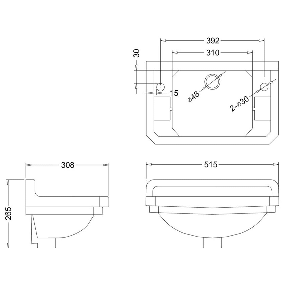 Burlington Edwardian 510 Cloakroom Washbasin Rectangular Diagram Deluxe Bathrooms UK
