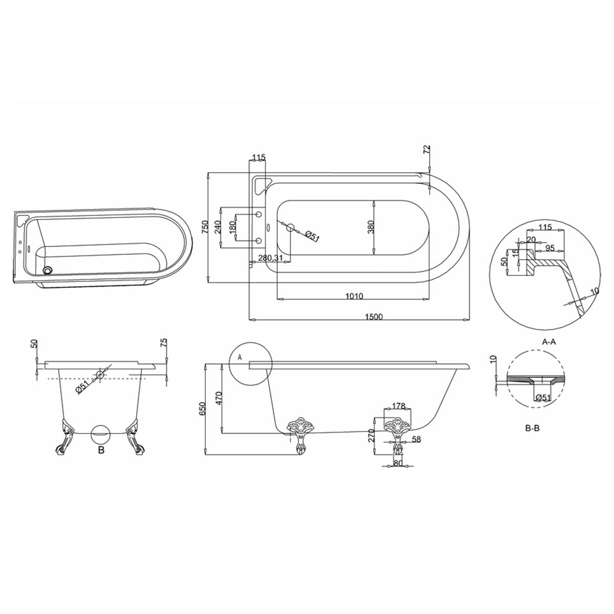 Burlington Hampton Left 1500mm Diagram Deluxe Bathrooms UK
