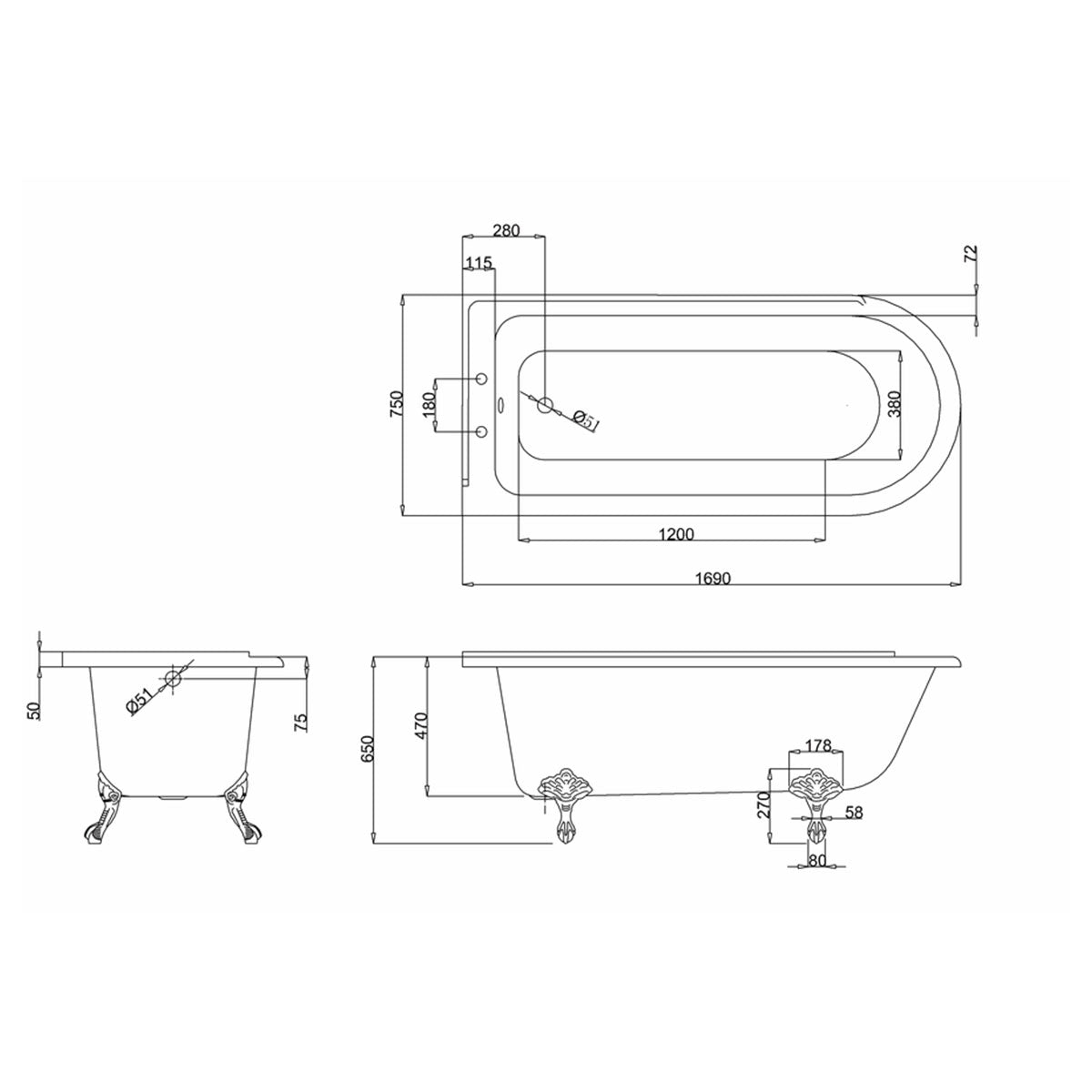 Burlington Hampton Left 1700mm Diagram Deluxe Bathrooms UK