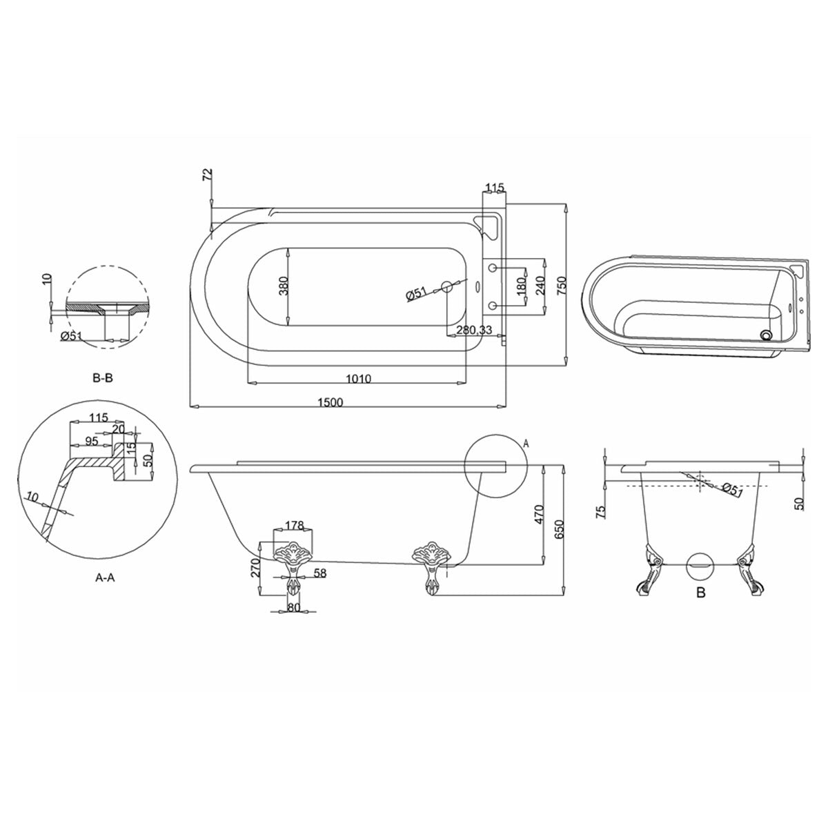 Burlington Hampton Right 1500mm Diagram Deluxe Bathrooms UK