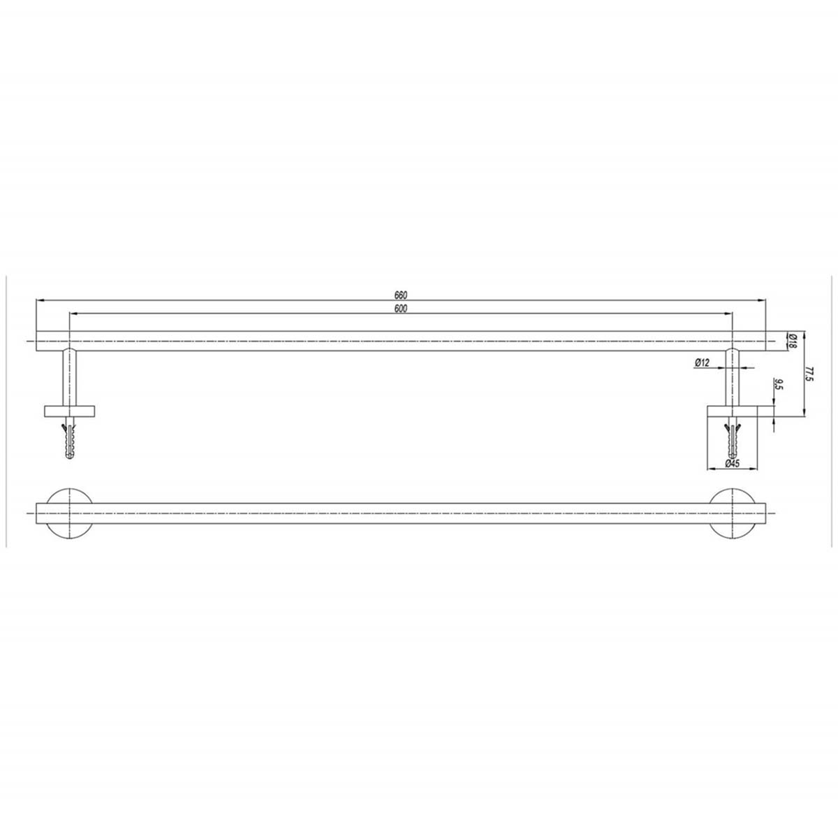 Crosswater 3ONE6 Single Towel Rail - 316 Stainless Steel Dimensions