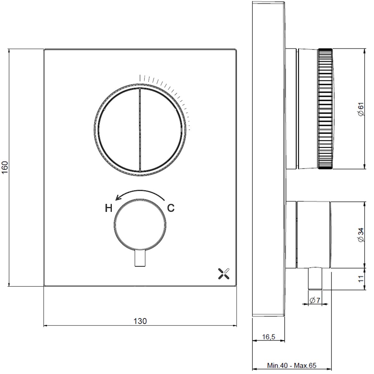 Crosswater MPRO Push Dual Outlet Thermostatic Shower Valve With Pencil Handset and Bath Spout dimensions