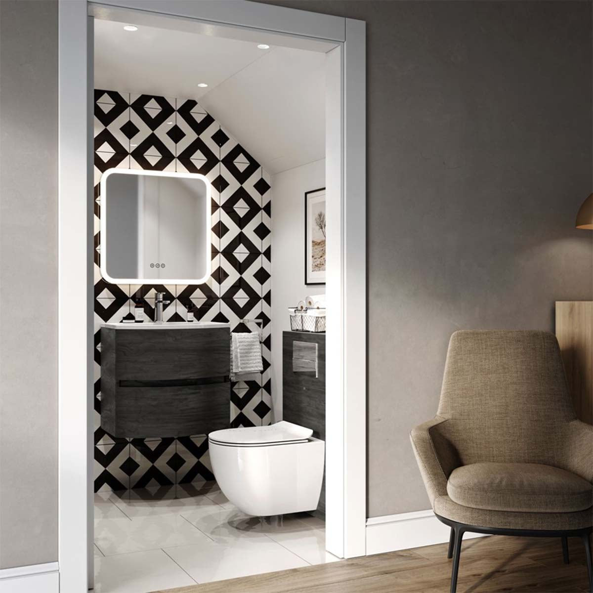 Crosswater Svelte 600mm Double Drawer Wall Hung Vanity Unit With Cast Mineral Marble Basin Grey Ash Veneer Lifestyle