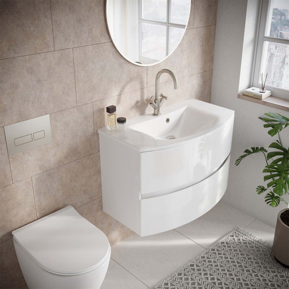 Crosswater Svelte 800mm Double Drawer Wall Hung Vanity Unit With Cast Mineral Marble Basin White Gloss Lifestyle