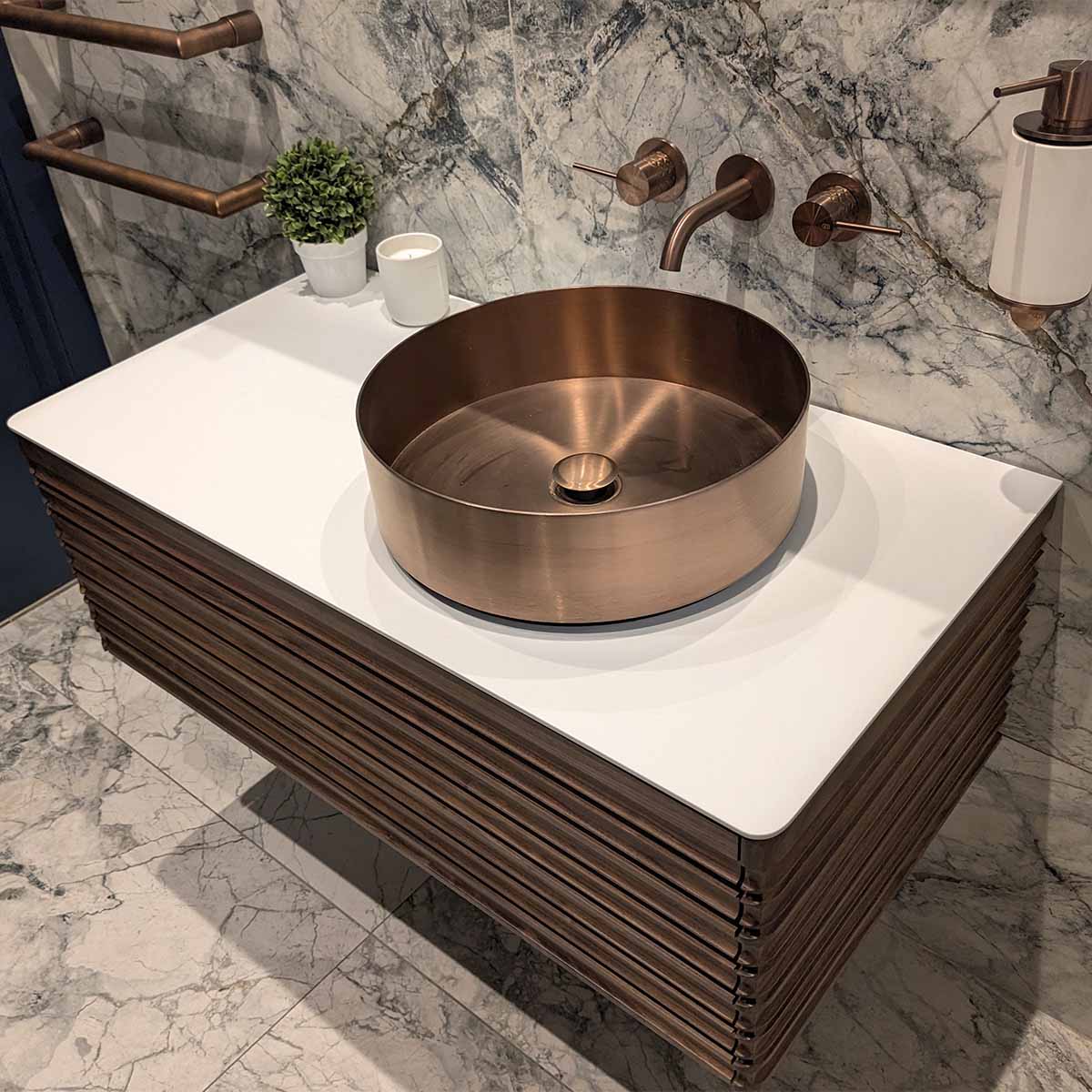 Gothenburg Walnut 1000 Single Drawer Wall Hung Vanity Unit With Solid Surface Worktop