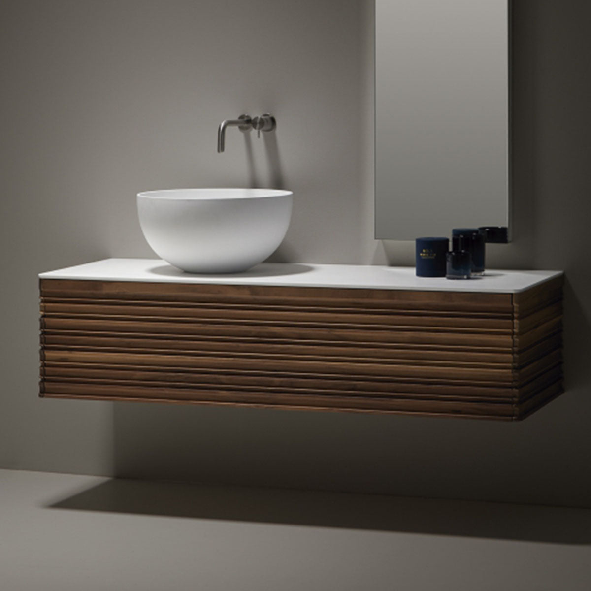 Gothenburg Walnut 1000 Single Drawer Wall Hung Vanity Unit With Solid Surface Worktop