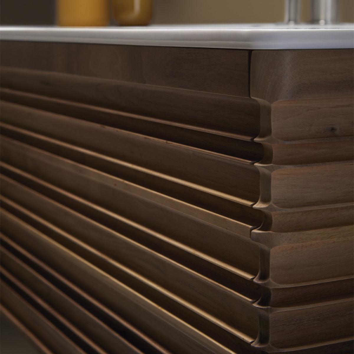 Gothenburg Walnut 1000 Single Drawer Wall Hung Vanity Unit With Solid Surface Worktop