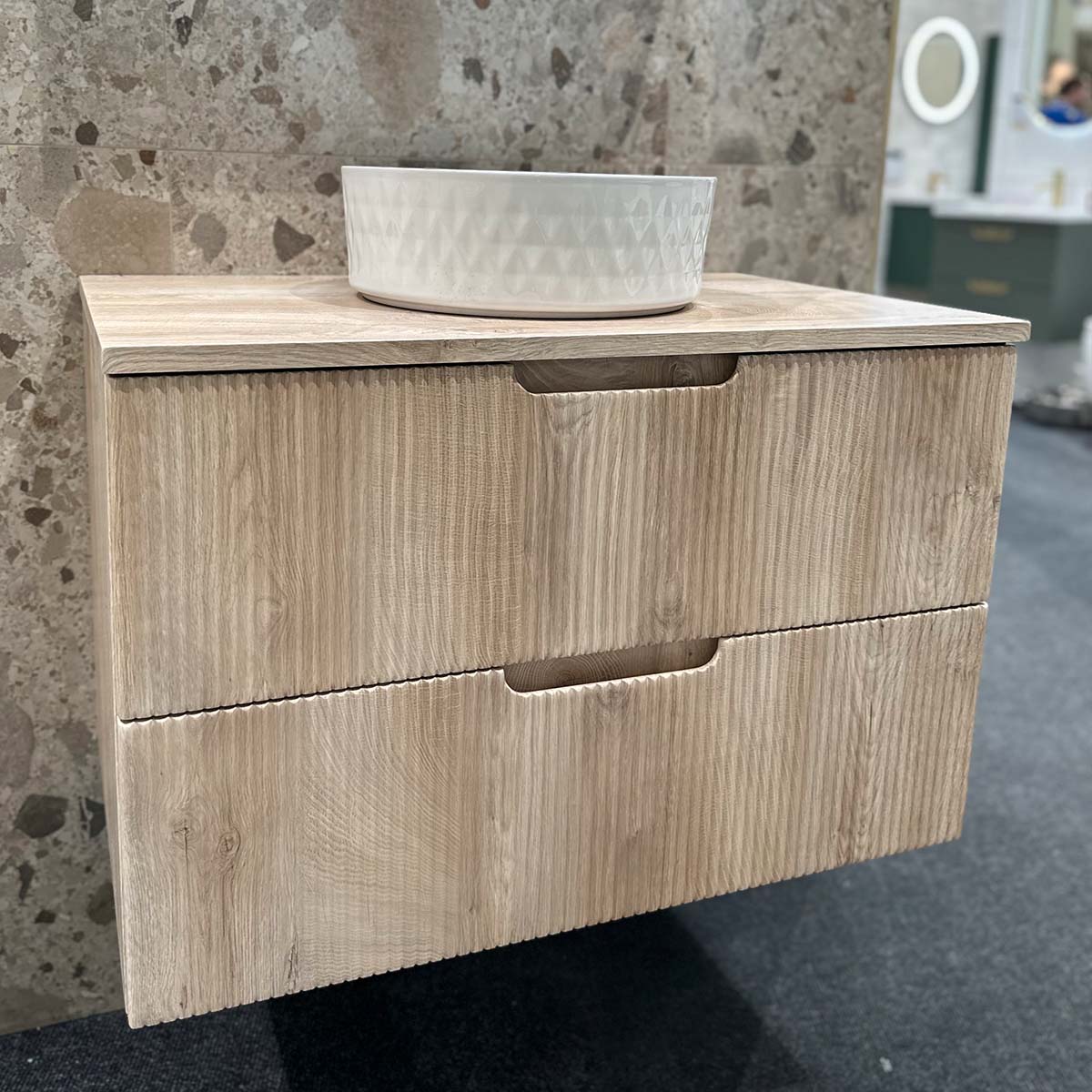 Granlusso Opus Oak Fluted Wall Mounted Vanity Unit With Oak Worktop