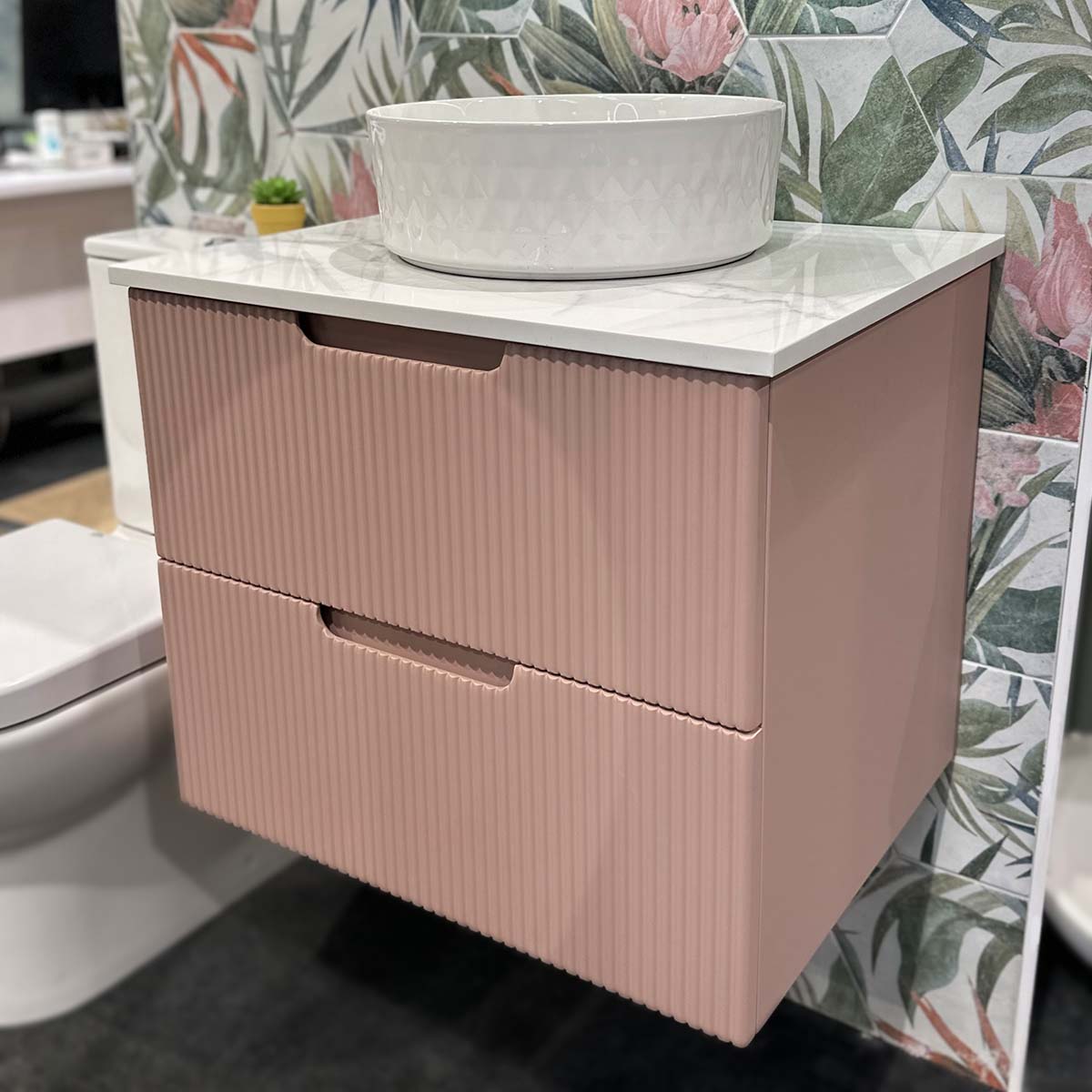 Granlusso Opus Pink Fluted Wall Mounted Vanity Unit With Marble Effect Worktop