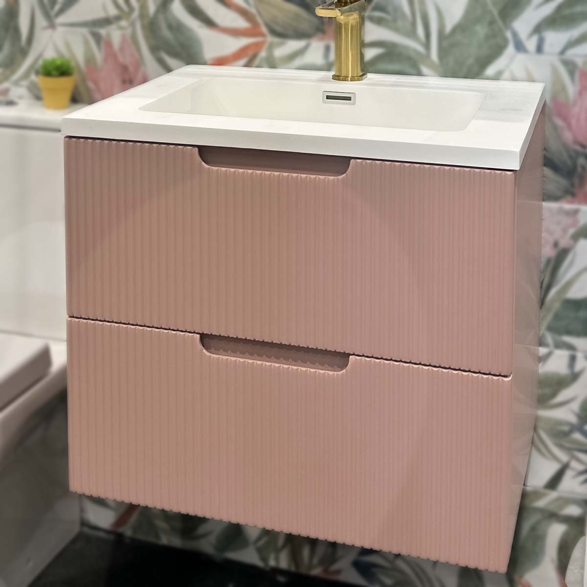 Granlusso Opus Pink Fluted Wall Mounted Vanity Unit With Solid Surface Washbasin