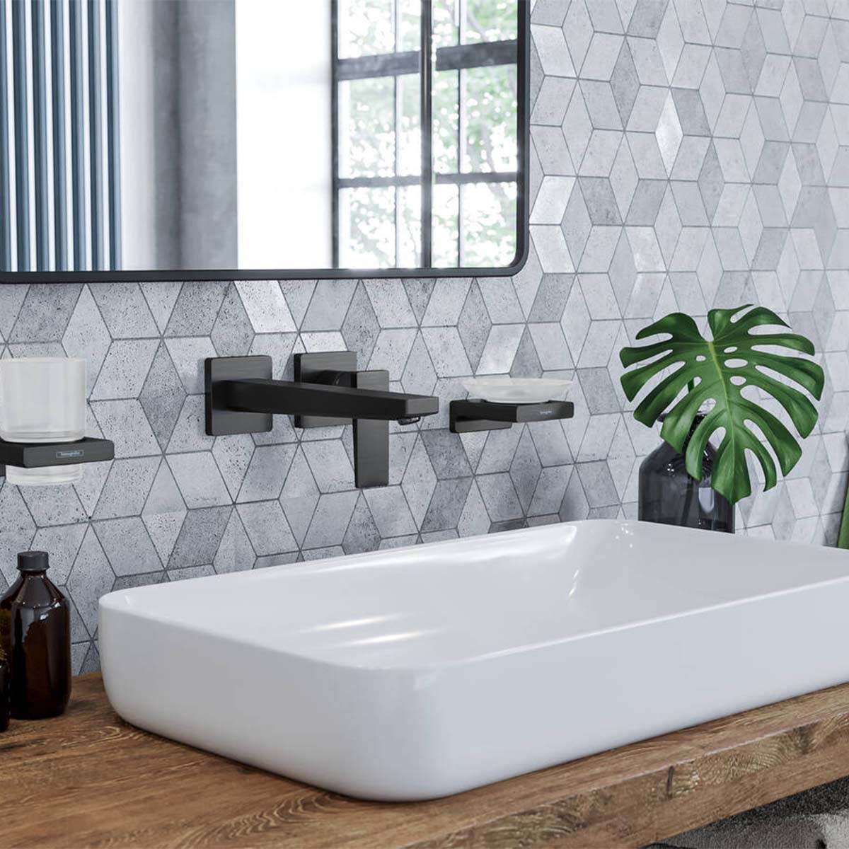 Hansgrohe metropol wall mounted 2 hole single lever basin mixer matt black