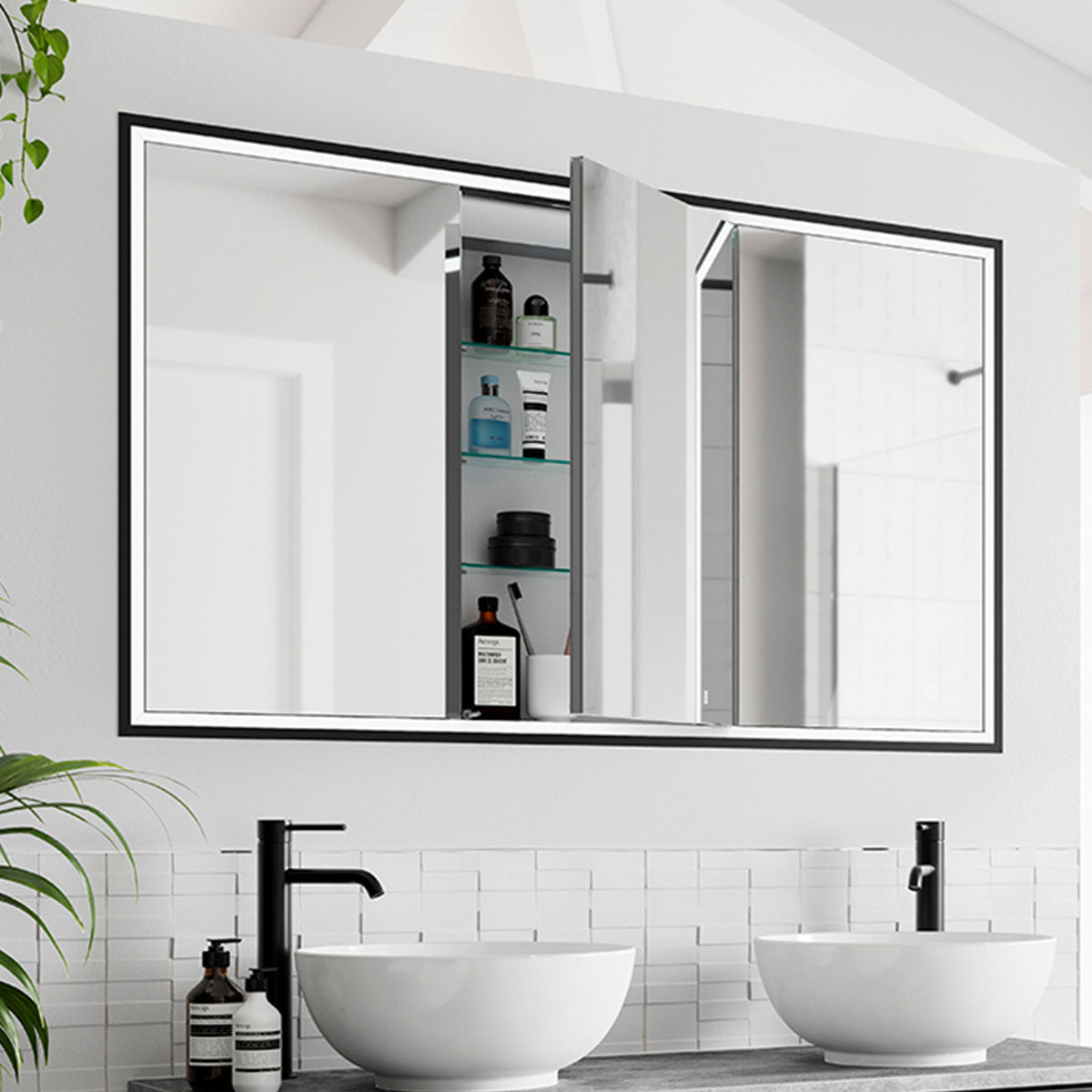 HiB Vanquish 120 3-Door Recessed LED Mirror Cabinet With Charging Sockets