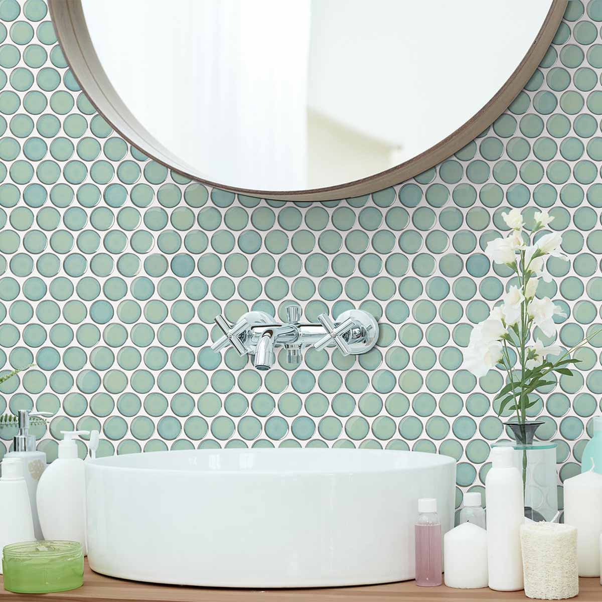 Penny Aquamarina Round Wall Mosaic Tile 31x33cm Gloss