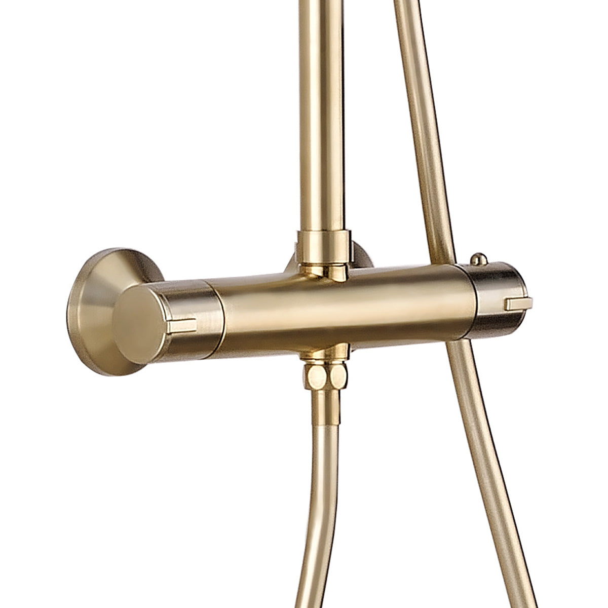Deluxe Pembroke Dual Outlet Exposed Thermostatic Shower Bar Valve With Rigid Riser Handset and Shower Head Brushed Brass Close Up