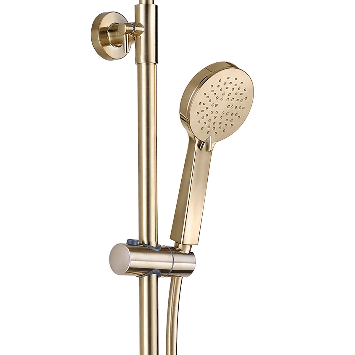 Deluxe Pembroke Dual Outlet Exposed Thermostatic Shower Bar Valve With Rigid Riser Handset and Shower Head Brushed Brass Close Up