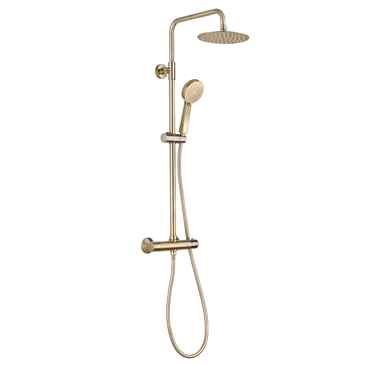 Deluxe Pembroke Dual Outlet Exposed Thermostatic Shower Bar Valve With Rigid Riser Handset and Shower Head Brushed Brass