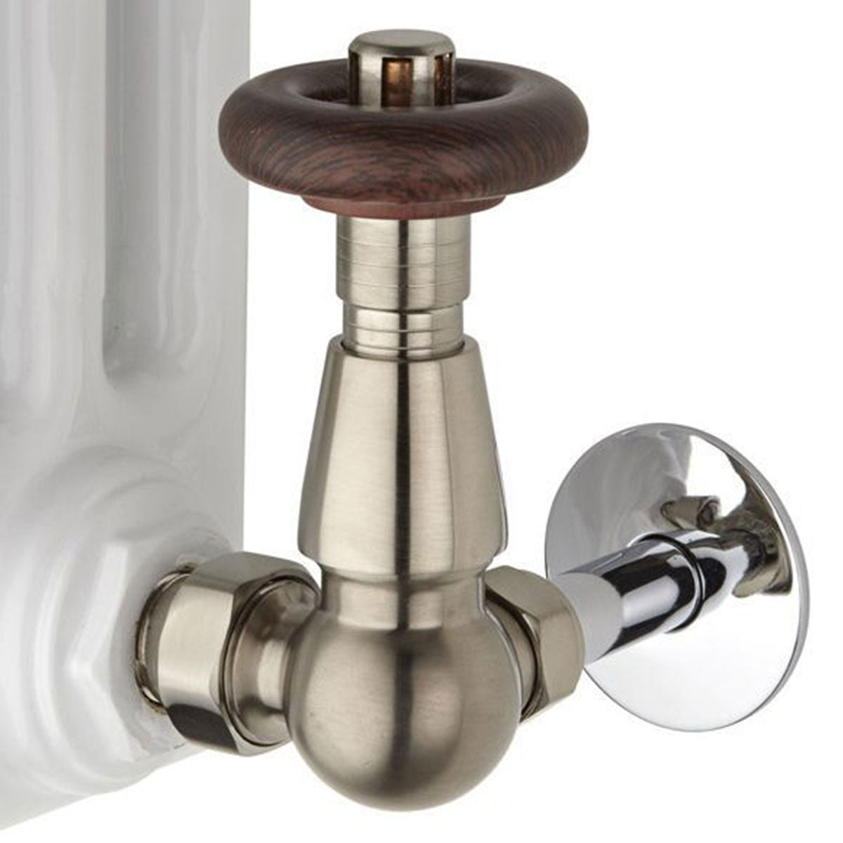 Rivassa Thermostatic Corner Radiator Valves Feature Satin Nickel