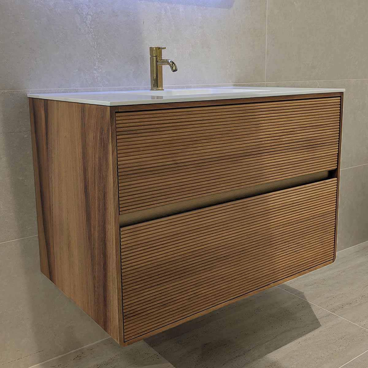 Stockholm Iroko 820 Double Drawer Wall Hung Vanity Unit With Solid Surface Washbasin