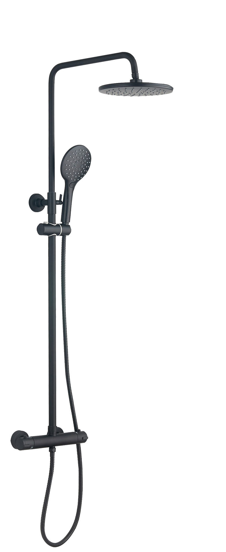Deluxe Round Matt Black Dual Outlet Exposed Thermostatic Shower Bar Valve With Rigid Riser Handset and Shower Head
