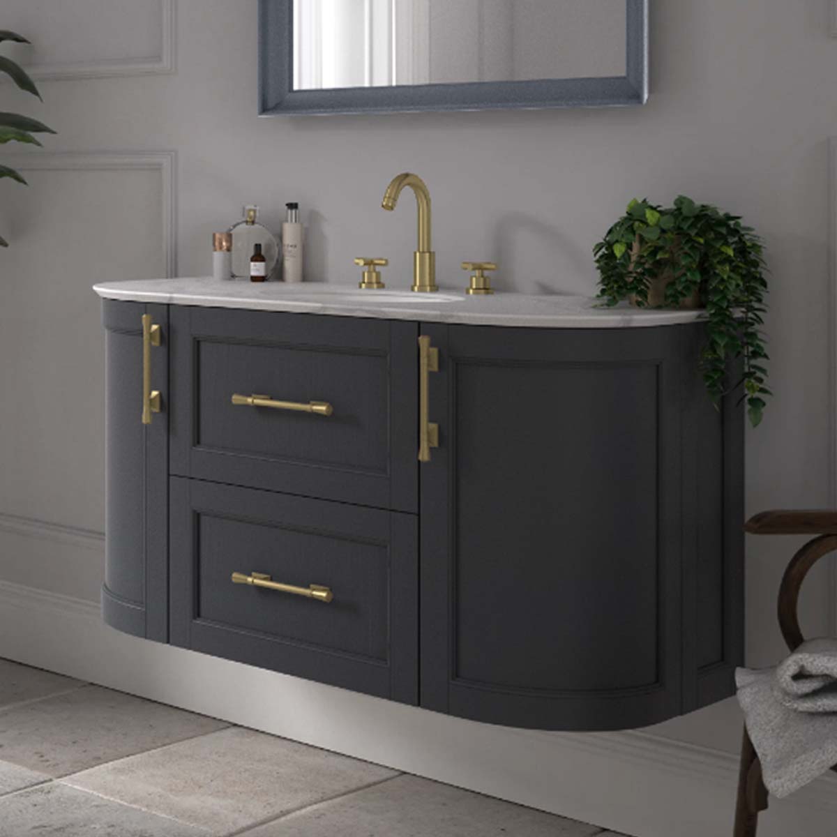 Utopia Roseberry Curved Wall Mounted Vanity Unit With Imperial White Worktop And Solid Surface Undermount Basin London Grey