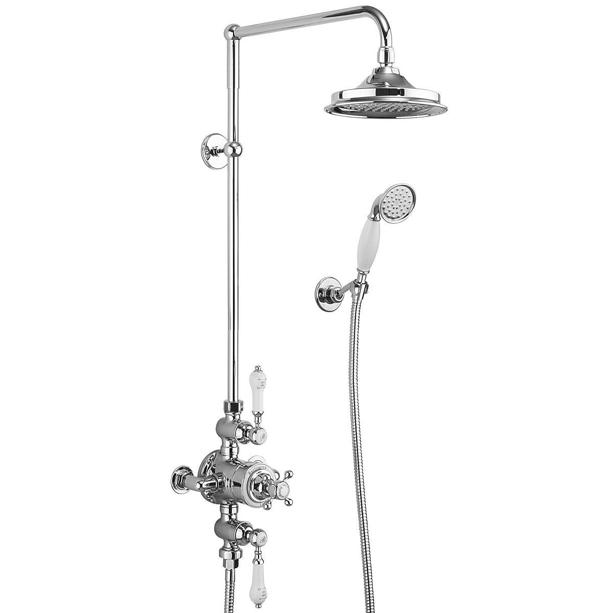 Burlington Avon Thermostatic Dual Outlet Valve With Rigid Riser and Shower Set With Overhead Deluxe Bathrooms UK
