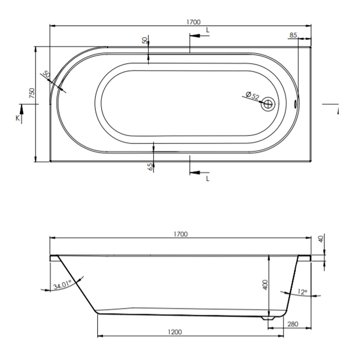 Brookvale Standard Curved J Shaped Bath With Bath Panel 1700 x 750mm White