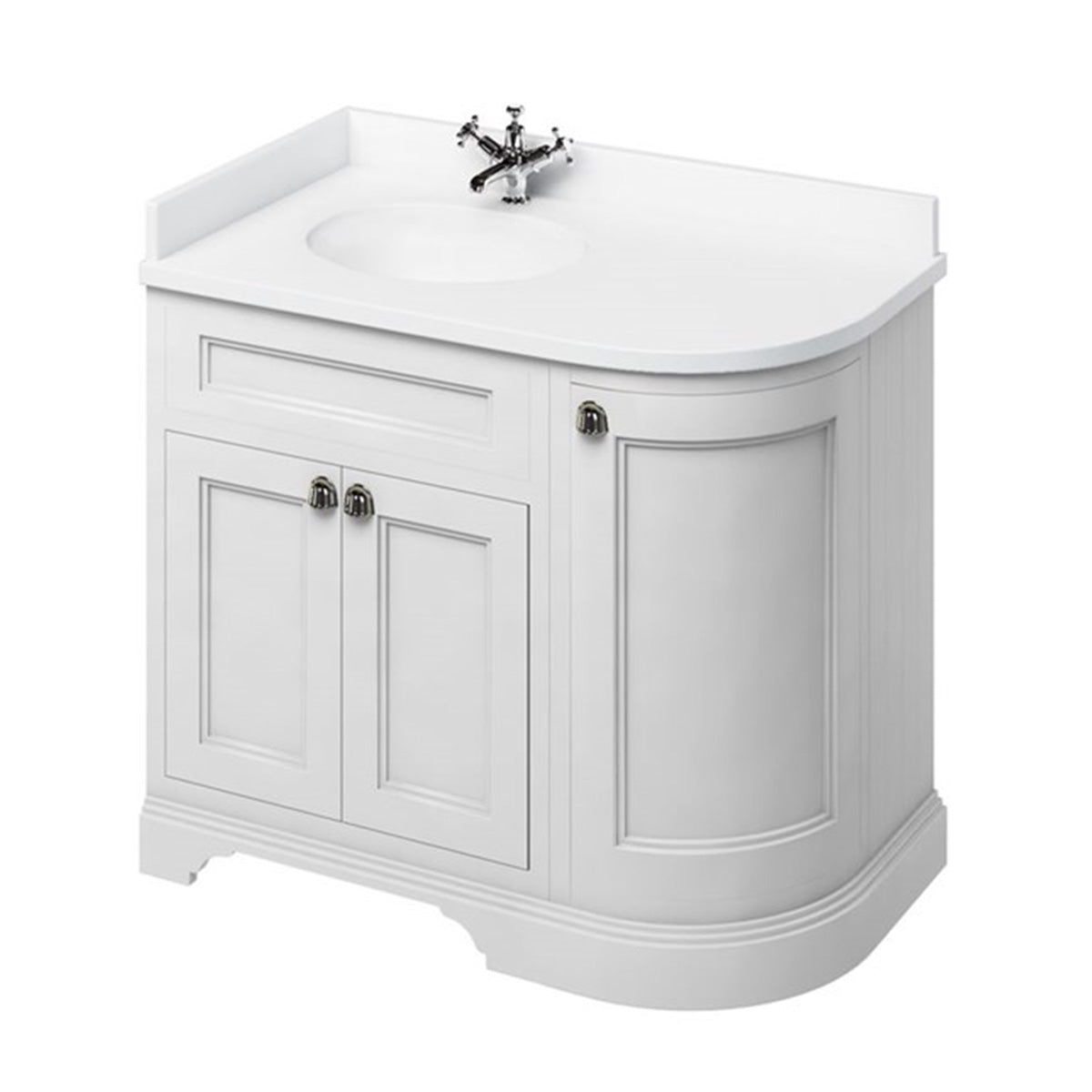 burlington 1000 LH curved freestanding 2 door vanity unit with basin and white worktop matt white