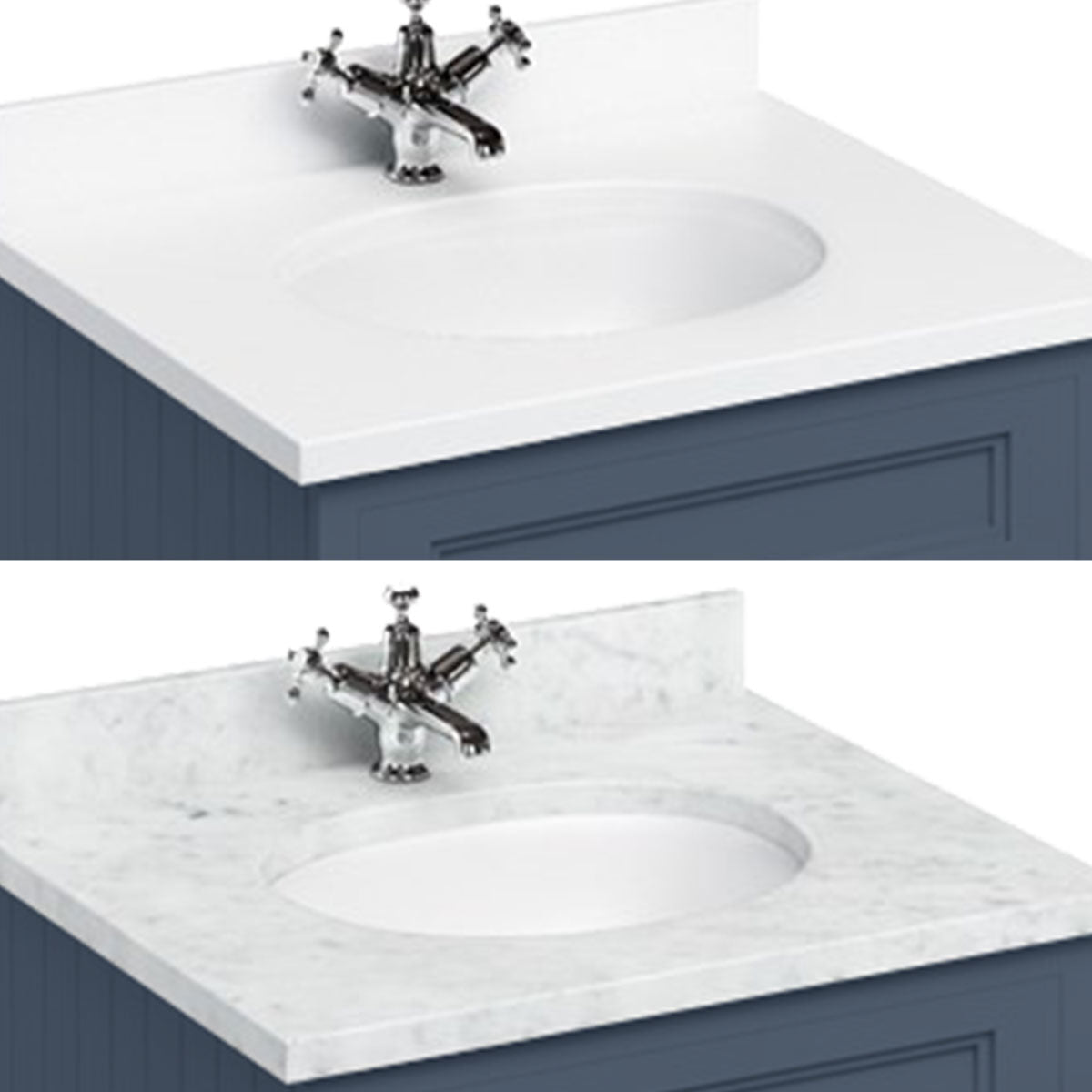 Burlington Floor Standing 650 Two Door Vanity Unit With White Marble Worktop and Integrated Basin Deluxe Bathrooms UK