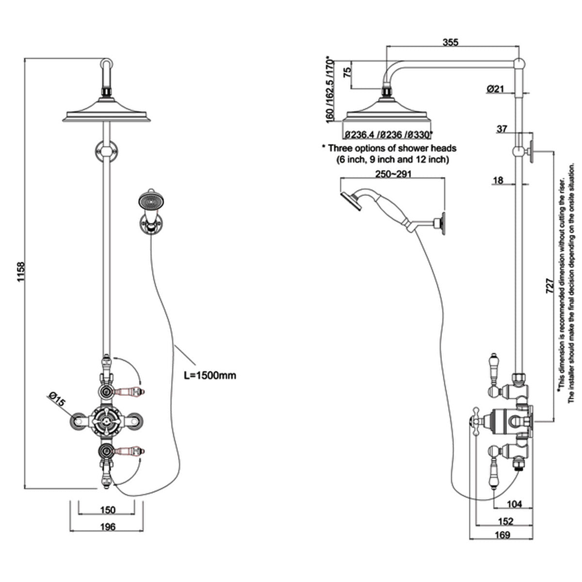 Burlington Avon Thermostatic Dual Outlet Valve With Rigid Riser and Shower Set With Overhead Deluxe Bathrooms UK