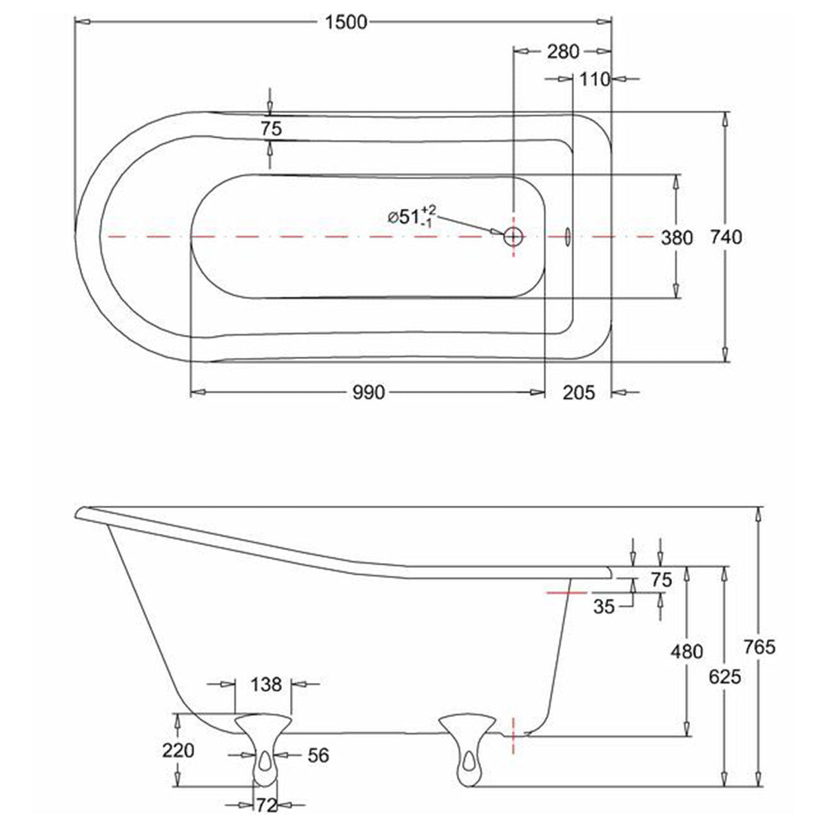 Burlington Buckingham Slipper Bath With Standard Feet 1500mm Acrylic Deluxe Bathrooms UK