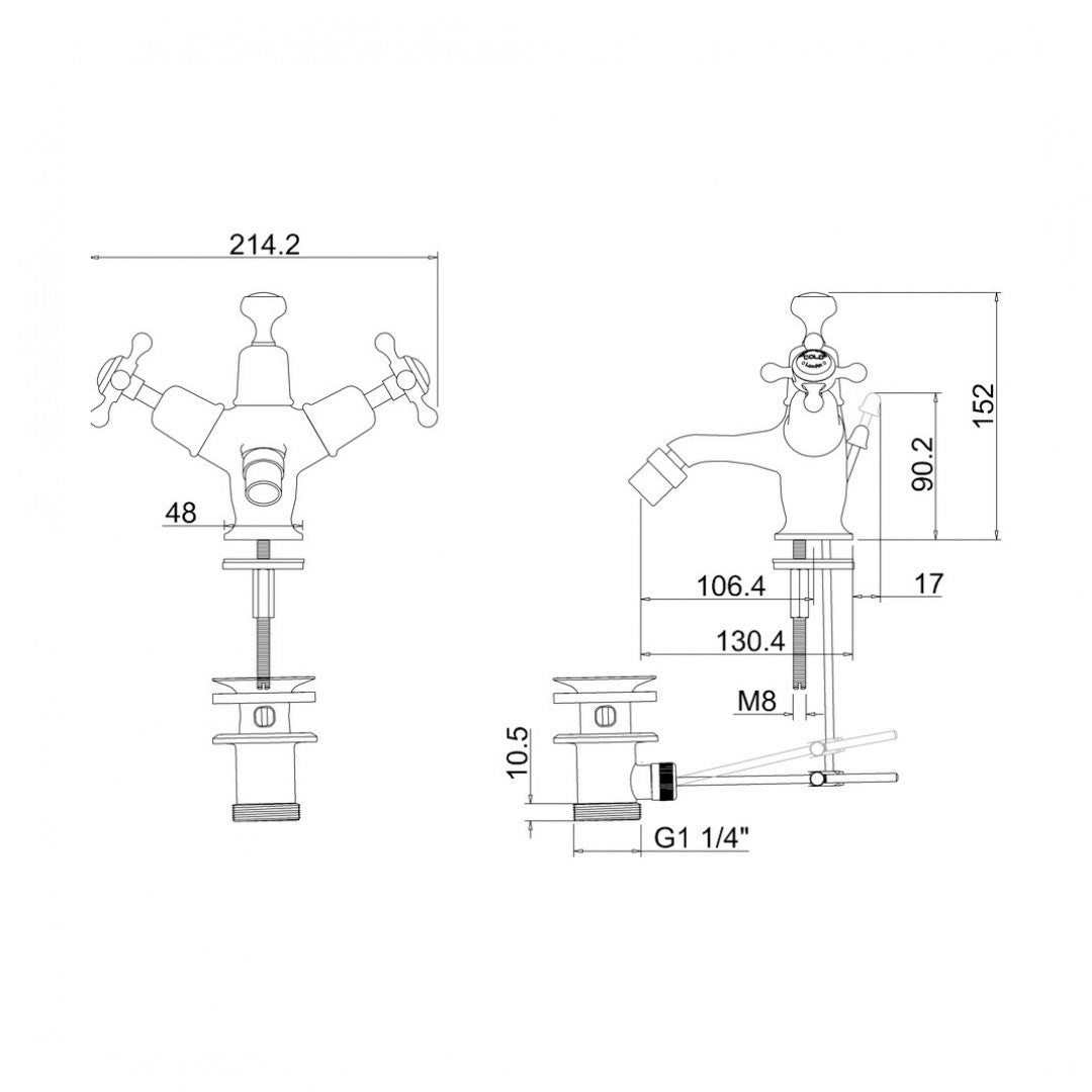 Burlington Claremont Bidet Mixer With High Central Indice and Pop Up Waste Deluxe Bathrooms UK