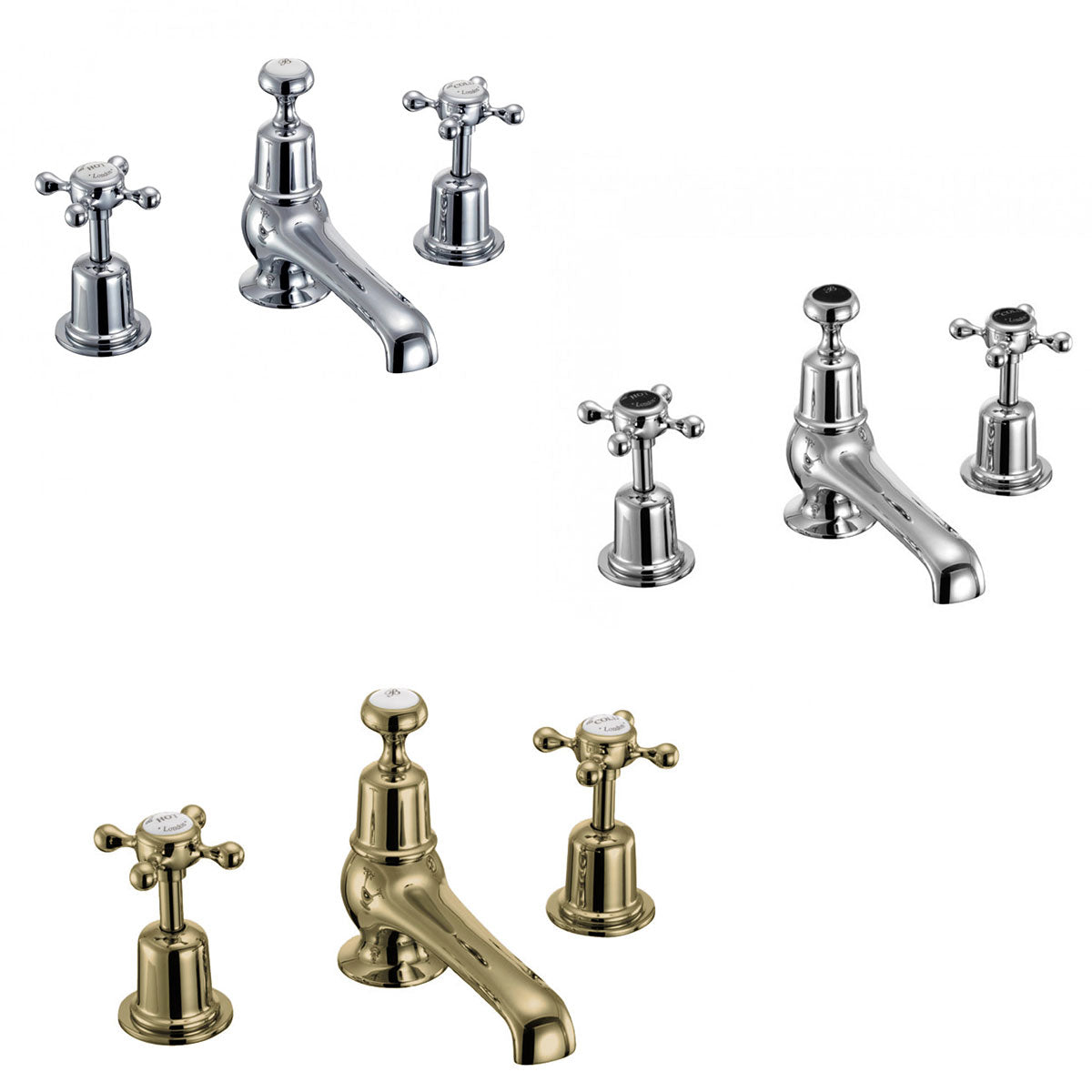 Burlington Claremont Three Tap Hole Basin Mixer With Pop-Up Waste Deluxe Bathrooms UK