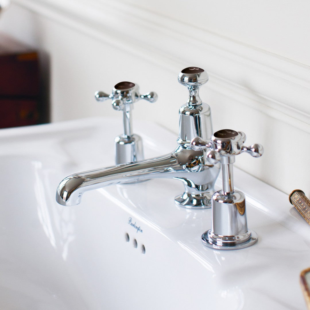 Burlington Claremont Three Tap Hole Basin Mixer With Pop-Up Waste Deluxe Bathrooms UK