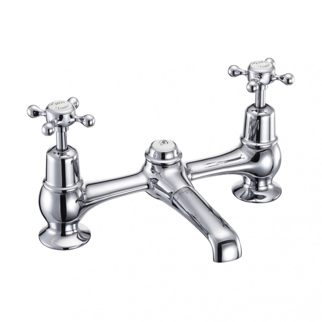Burlington Claremont Two Tap Hole Bridge Basin Mixer With Plug And Chain Waste Deluxe Bathrooms UK