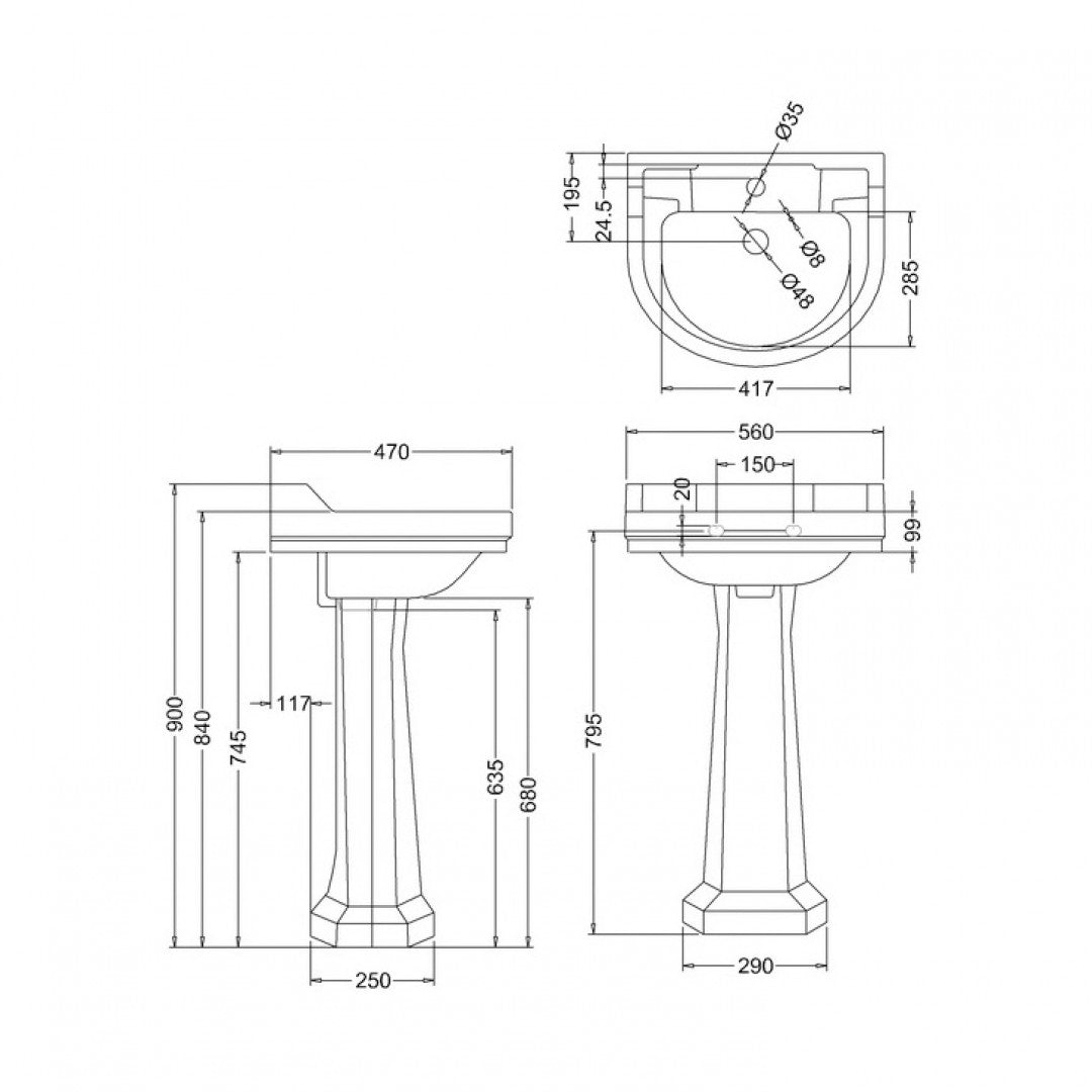 Burlington Edwardian 560mm White Round Basin With Standard Pedestal Deluxe Bathrooms UK