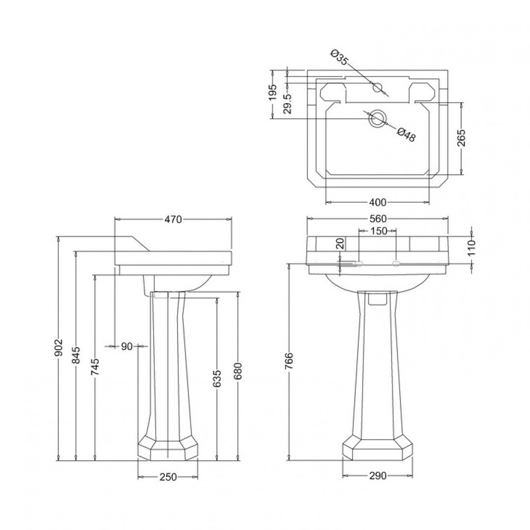 Burlington Edwardian Rectangular White Basin With Standard Pedestal Deluxe Bathrooms UK