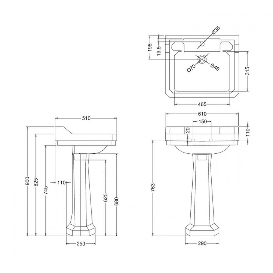 Burlington Edwardian Rectangular White Basin With Standard Pedestal Deluxe Bathrooms UK