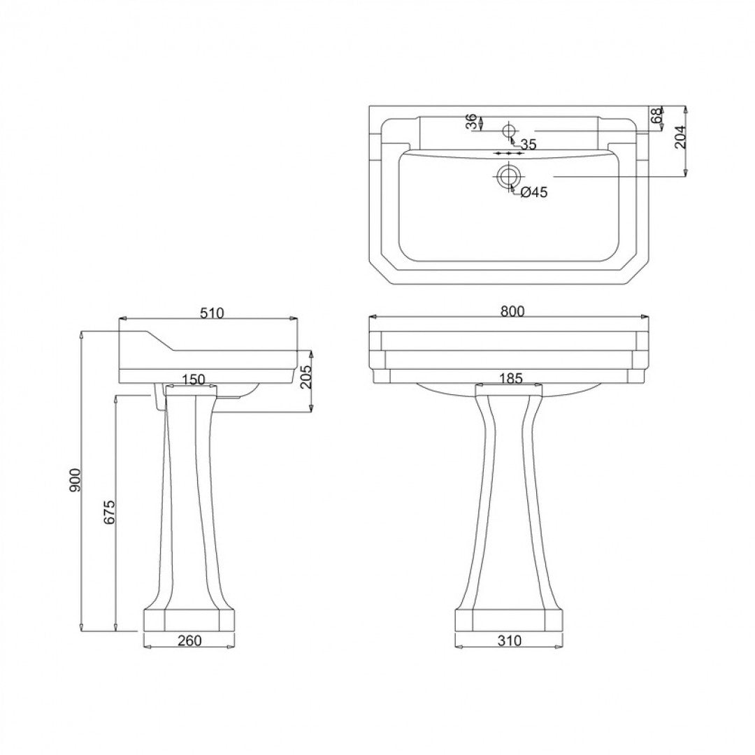 Burlington Edwardian Rectangular White Basin With Standard Pedestal Deluxe Bathrooms UK