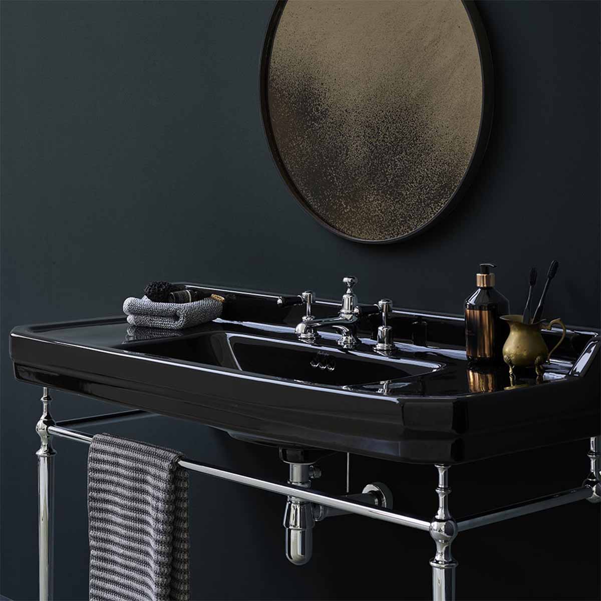 burlington edwardian jet 120cm 3TH black basin chrome washstand lifestyle Deluxe Bathrooms UK