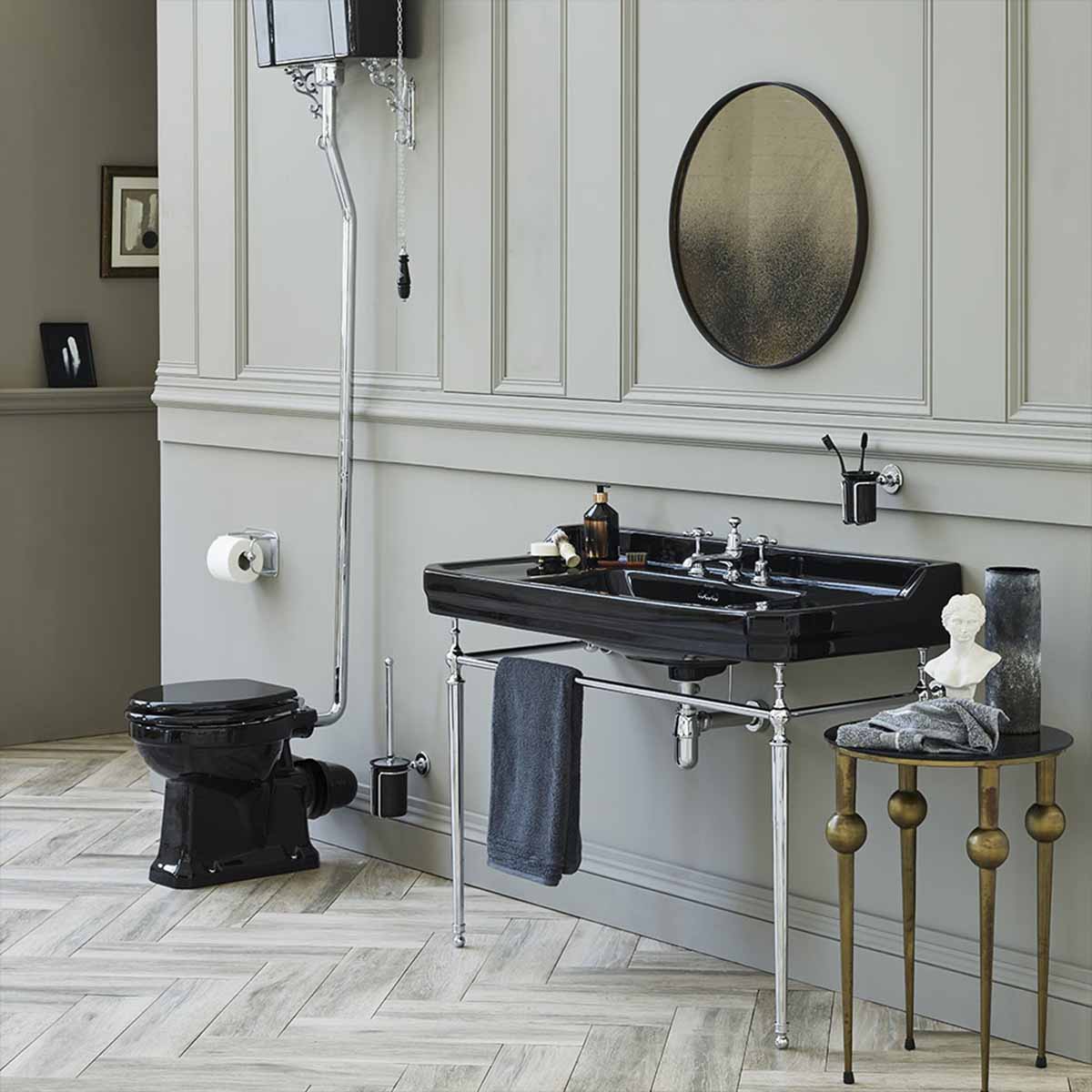 burlington edwardian jet 120cm 3TH black basin chrome washstand lifestyle Deluxe Bathrooms UK
