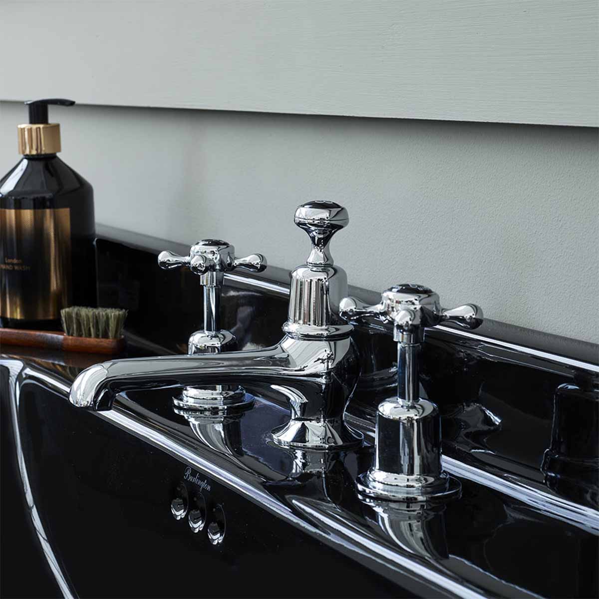 burlington edwardian jet 120cm 3TH black basin chrome washstand lifestyle Deluxe Bathrooms UK