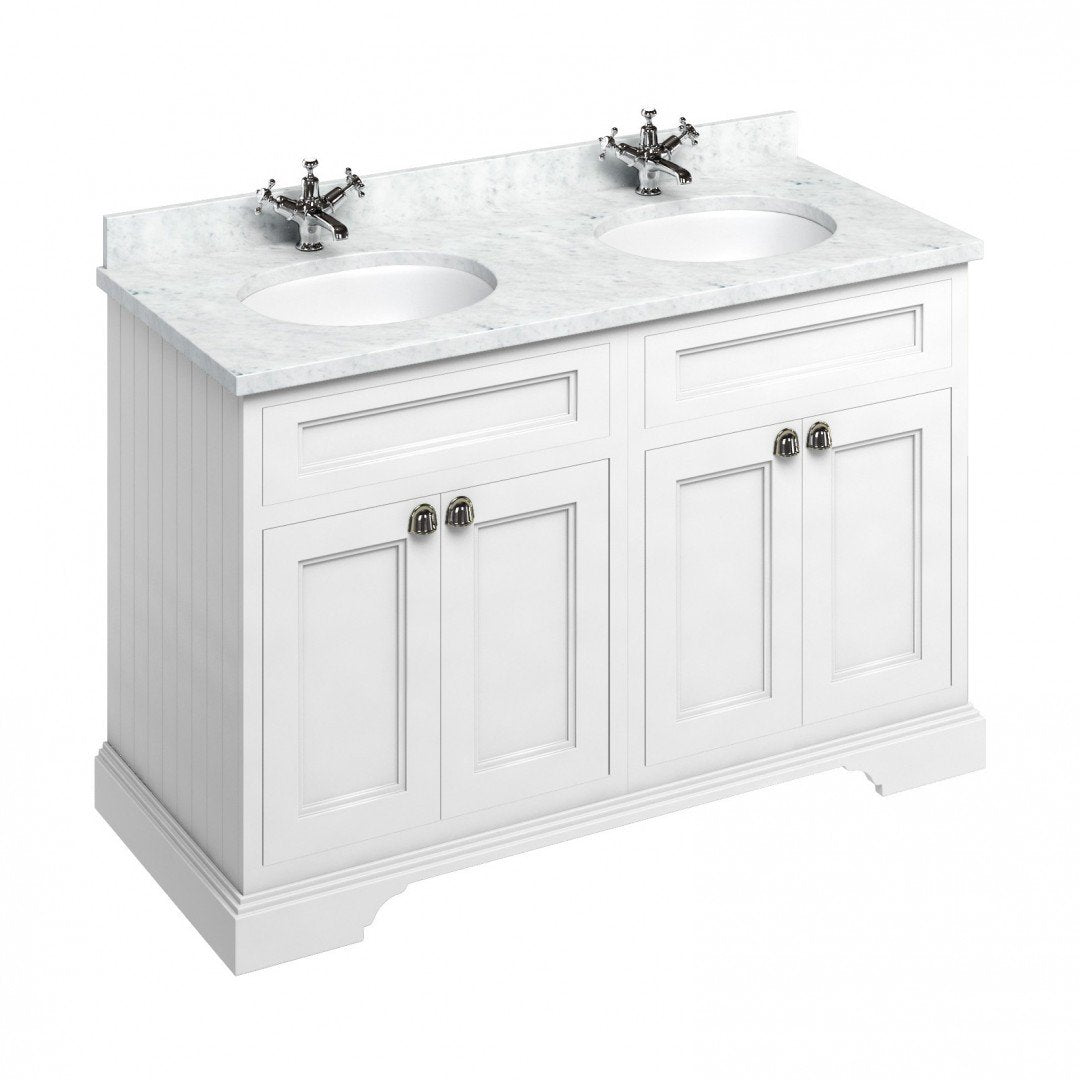 Burlington 1300 Floor Standing Vanity Unit With White Marble Worktop & Double Integrated Basin Deluxe Bathrooms UK