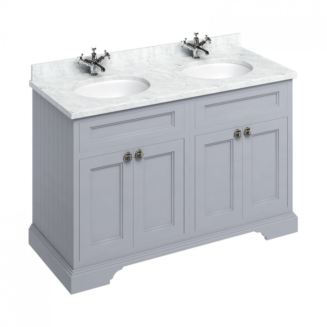 Burlington 1300 Floor Standing Vanity Unit With White Marble Worktop & Double Integrated Basin Deluxe Bathrooms UK