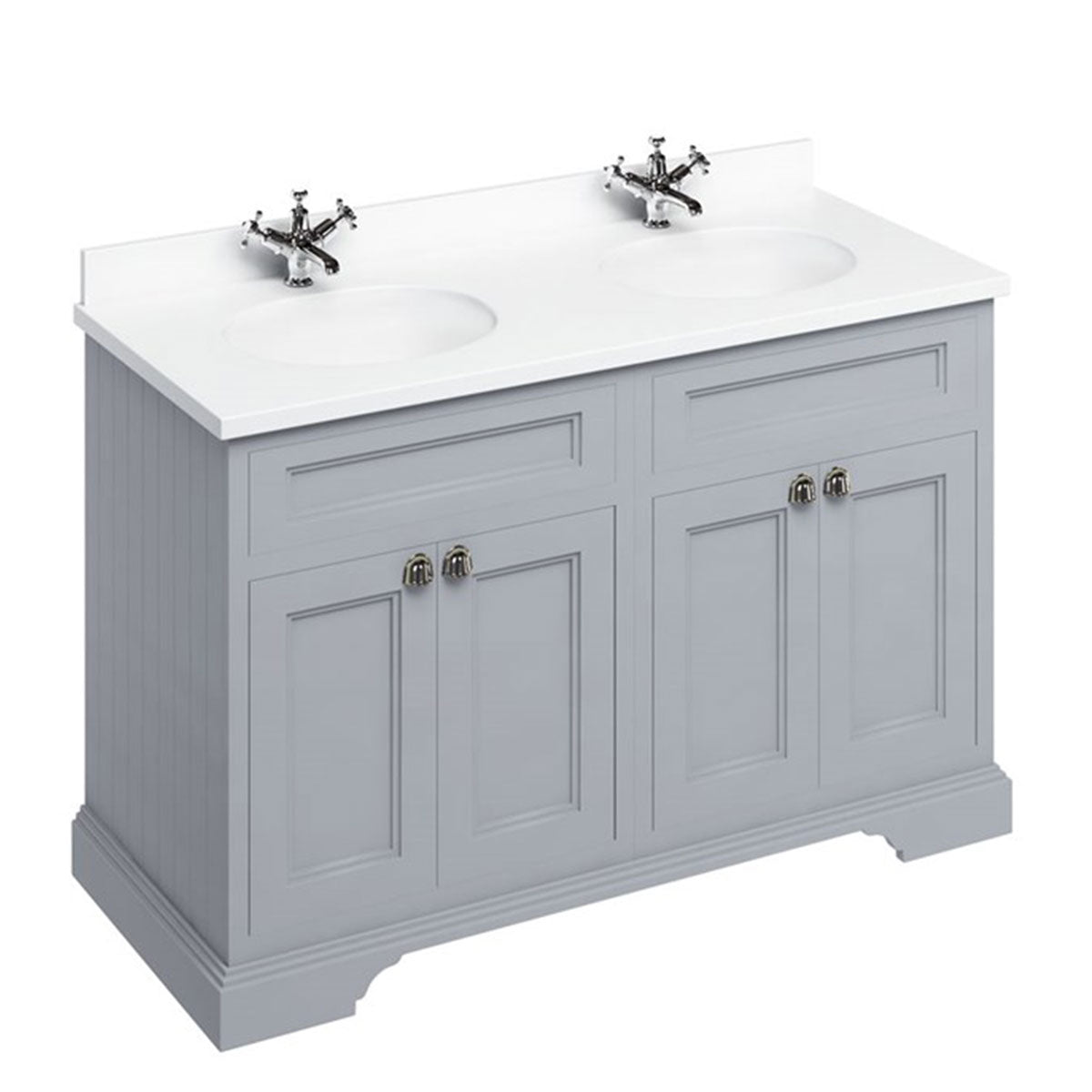 Burlington 1300 Floor Standing Vanity Unit With White Marble Worktop & Double Integrated Basin Deluxe Bathrooms UK
