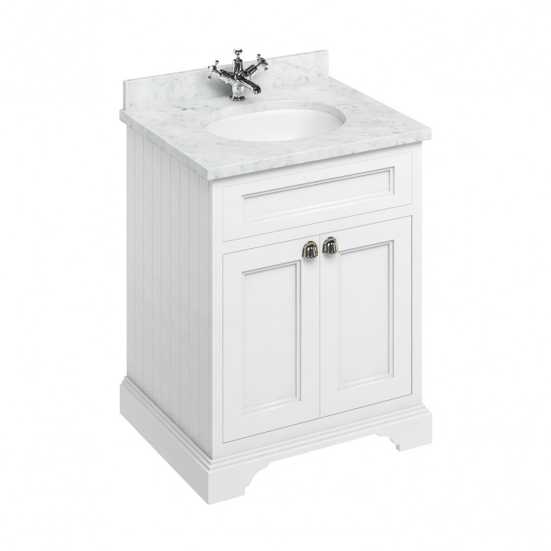 Burlington Floor Standing 650 Two Door Vanity Unit With White Marble Worktop and Integrated Basin Deluxe Bathrooms UK