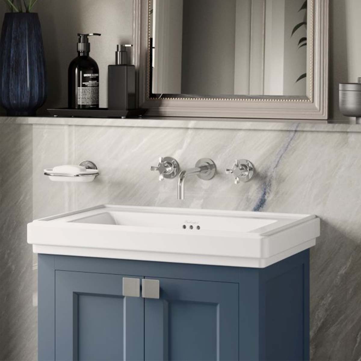 burlington riviera 3 hole crosshead wall mounted basin mixer chrome lifestyle Deluxe Bathrooms UK