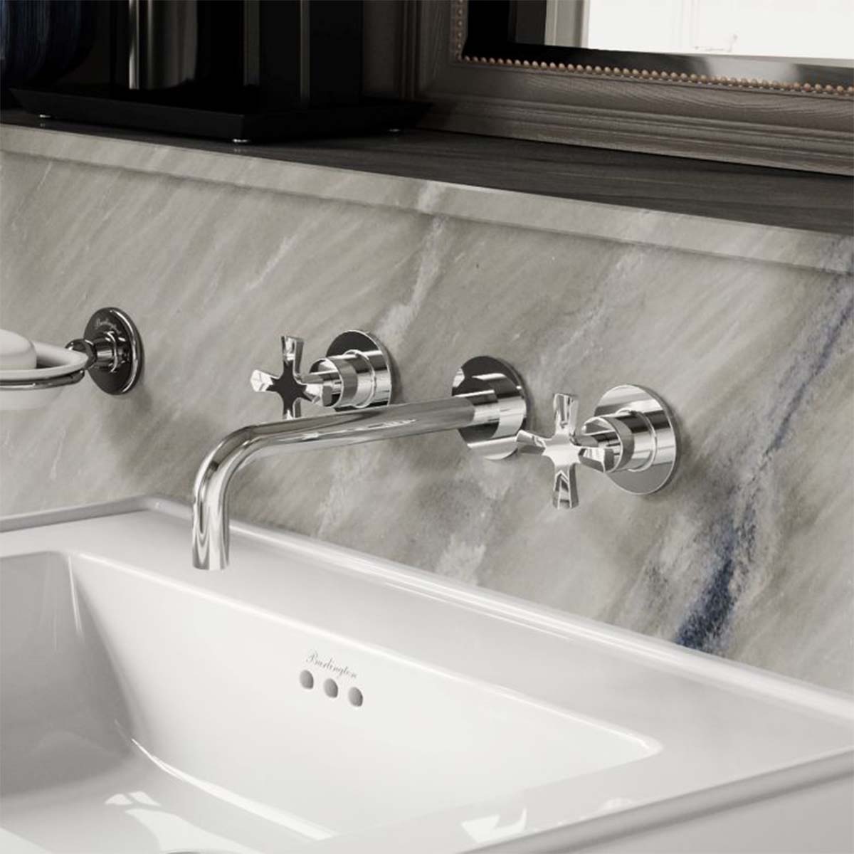 burlington riviera 3 hole crosshead wall mounted basin mixer chrome lifestyle Deluxe Bathrooms UK