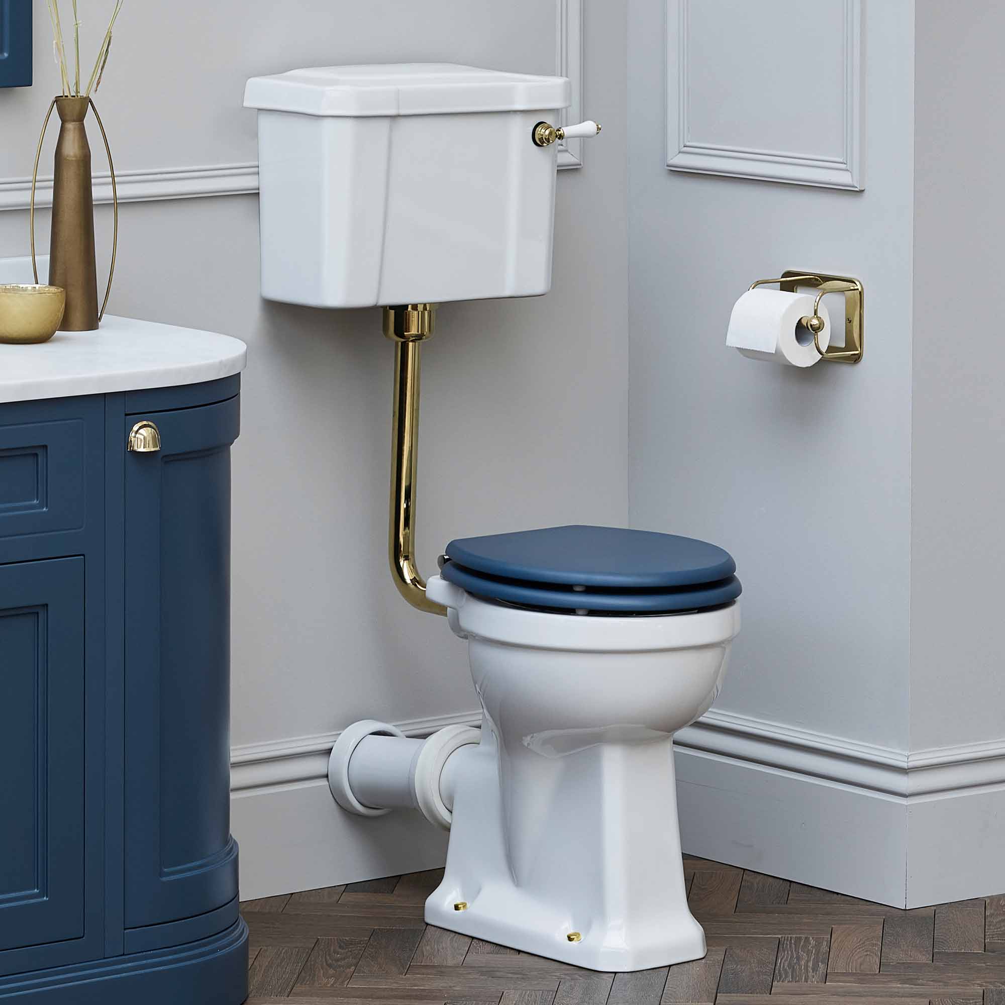 burlington traditional toilet seat with chrome soft close hinges matt blue
