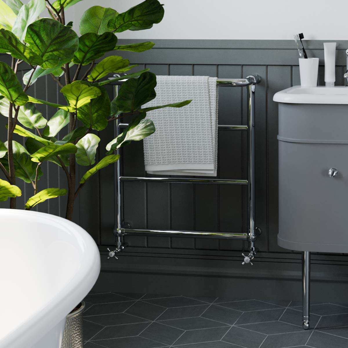 burlington trafalgar traditional towel radiator white accent lifestyle Deluxe Bathrooms UK